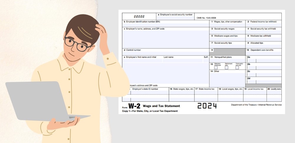 The W2 blank form for 2024 and the image of the man with a laptop